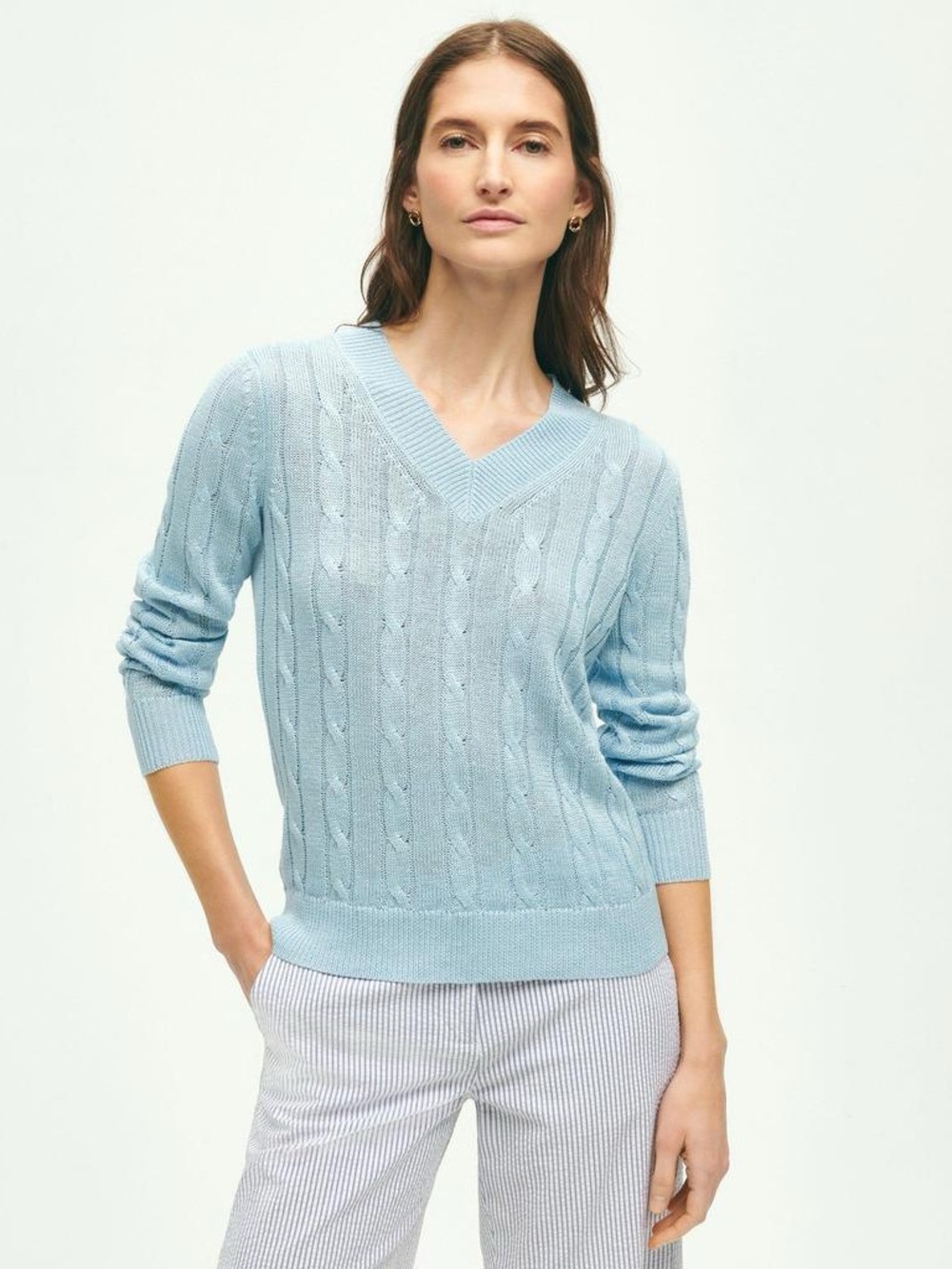 Brooks Brothers Linen Knit V-Neck Cable Sweater - Aqua Blue